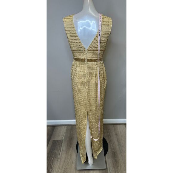 MAC DUGGAL Gold Beaded Cap Sleeve V Neck Column Gown In Gold US 2 $598 - Picture 7 of 10